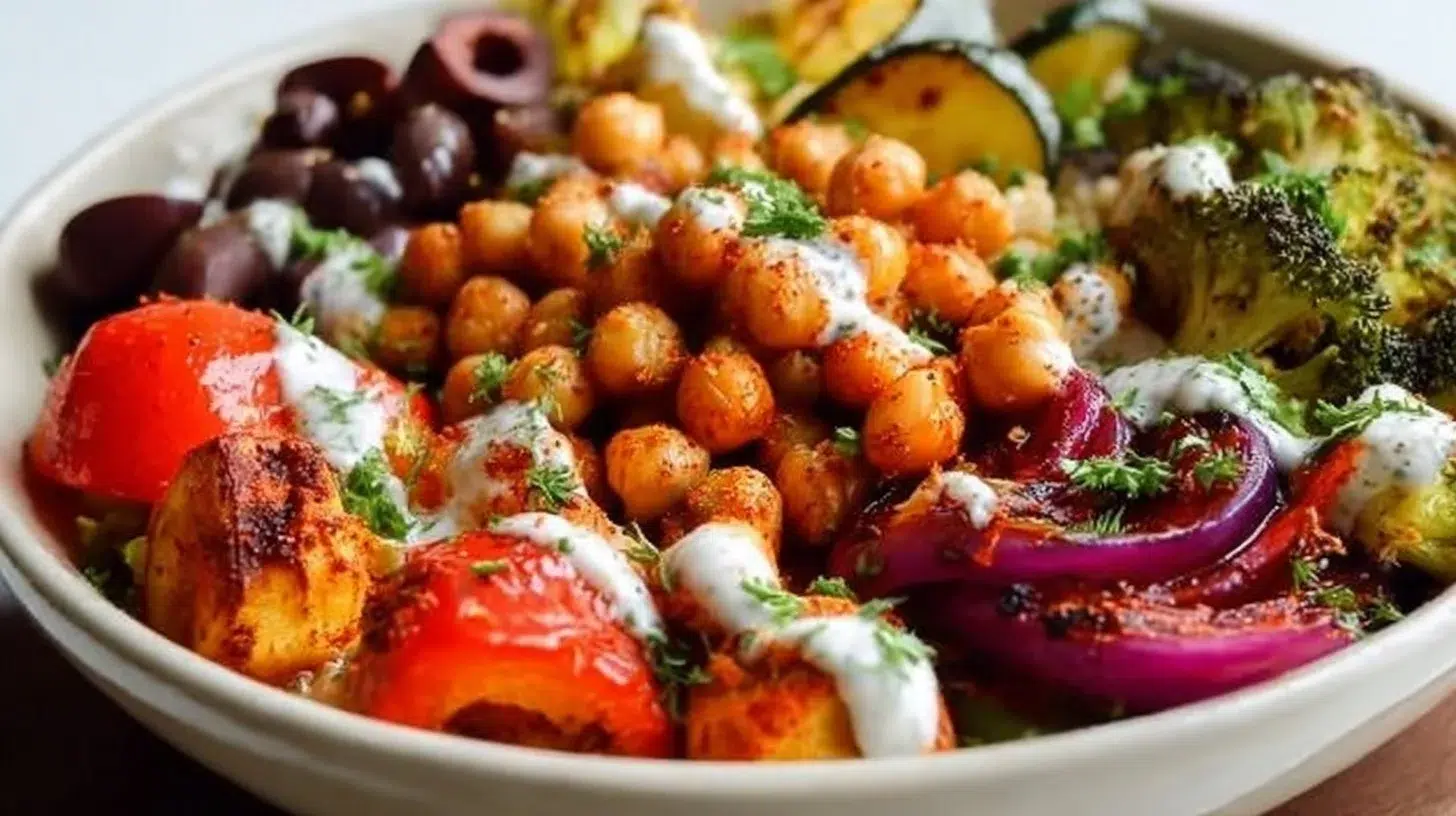 Colorful and nutritious roasted vegetable healthy lunch bowl with fresh greens.