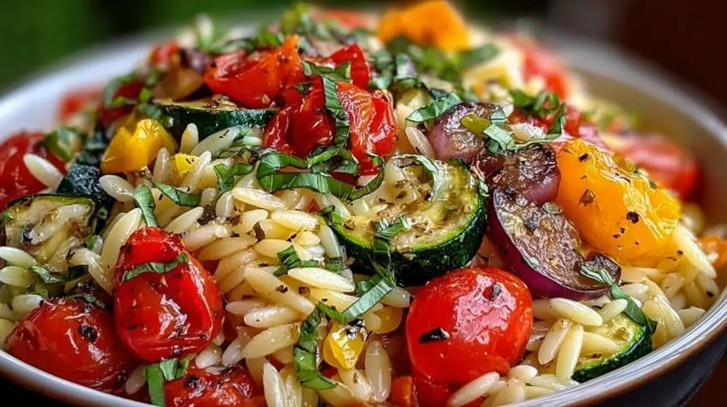 Bowl of colorful roasted vegetable orzo pasta with fresh herbs