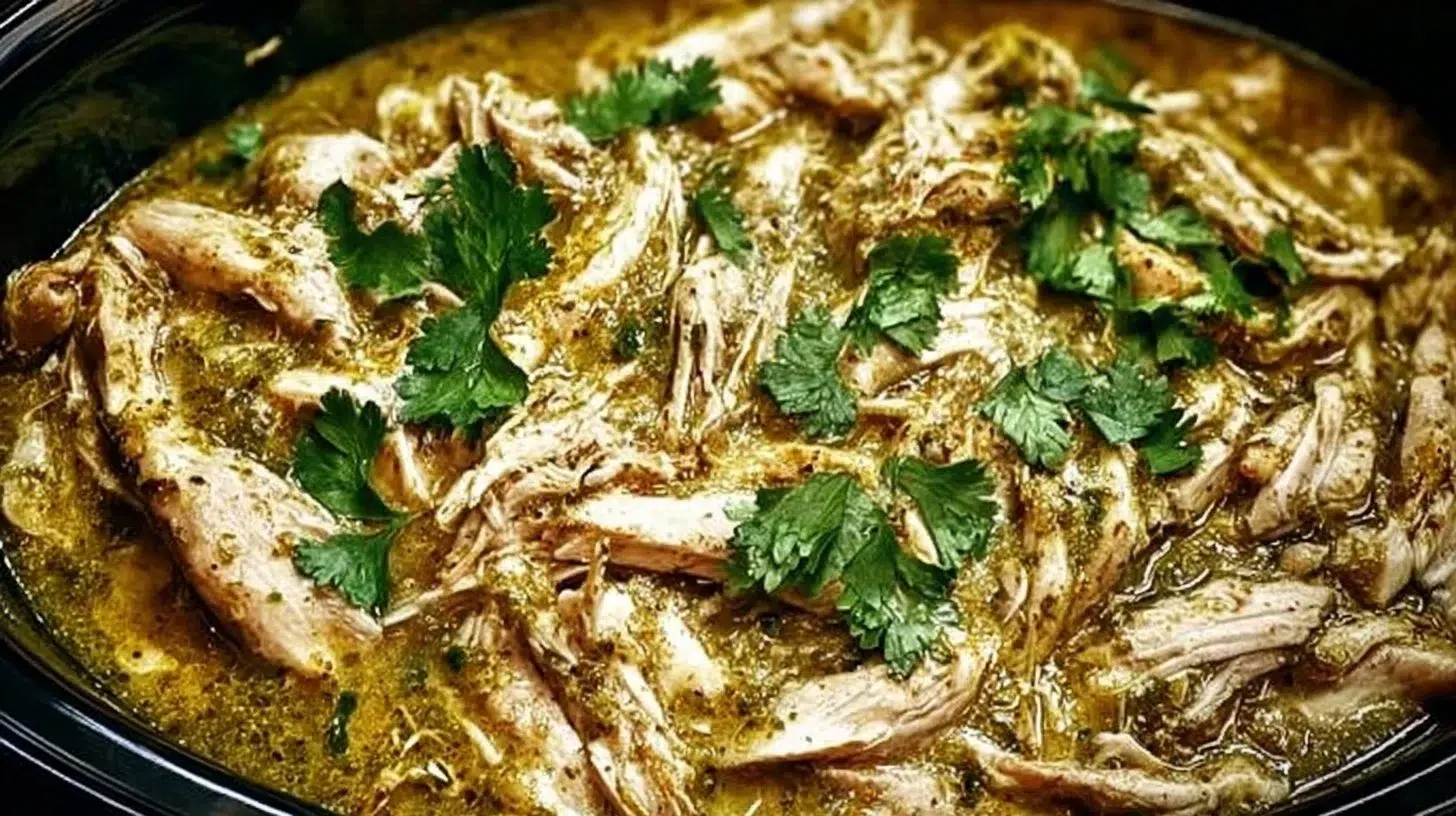 Delicious Salsa Verde Chicken cooked in a crockpot for a quick meal