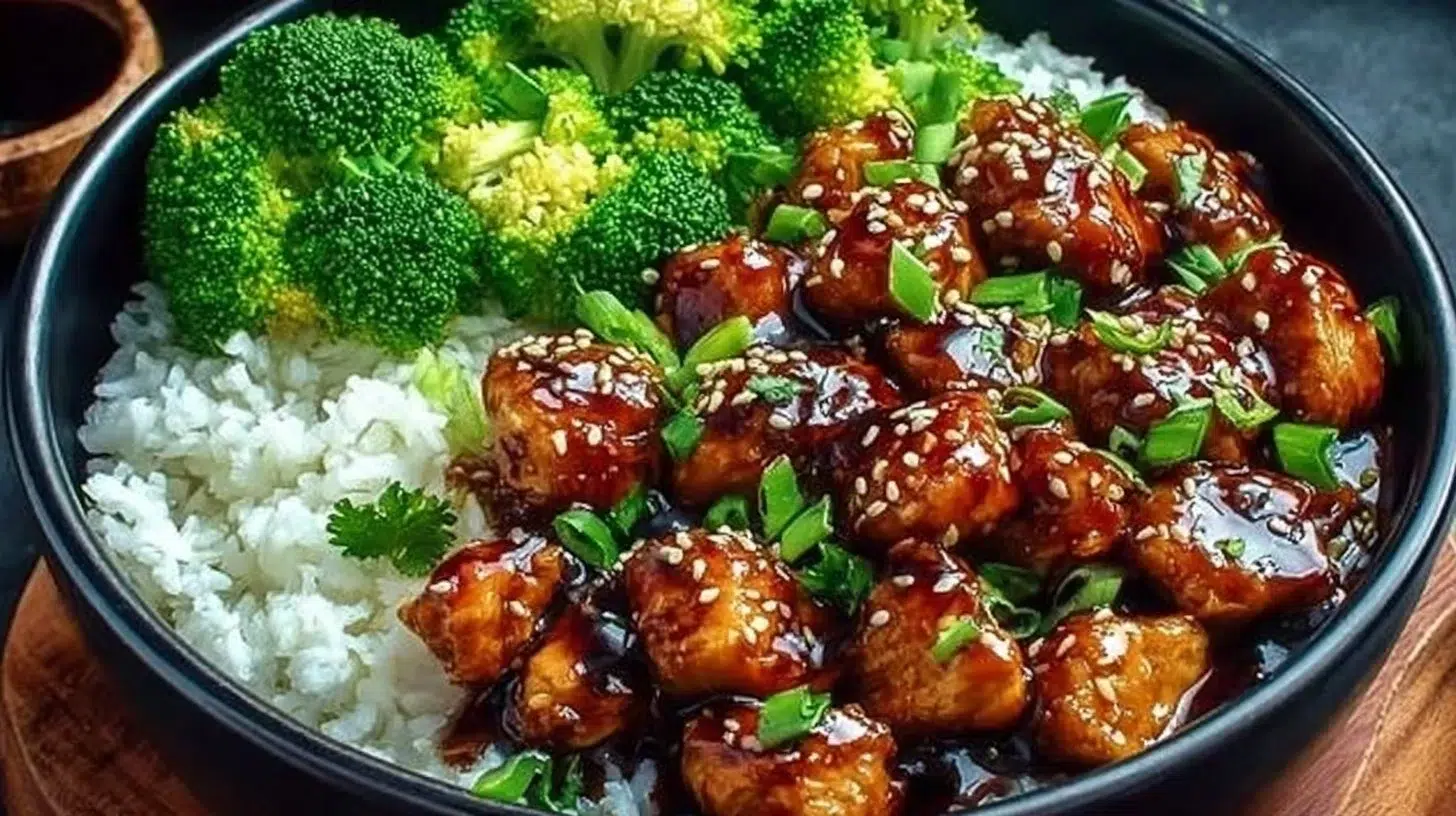 Delicious sticky chicken rice bowl garnished with vegetables