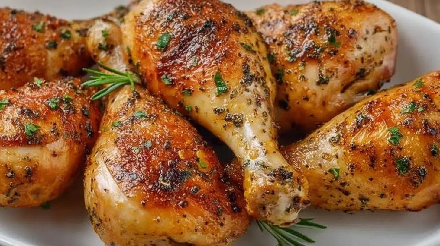 Sheet pan with crispy and juicy baked chicken legs ready to serve