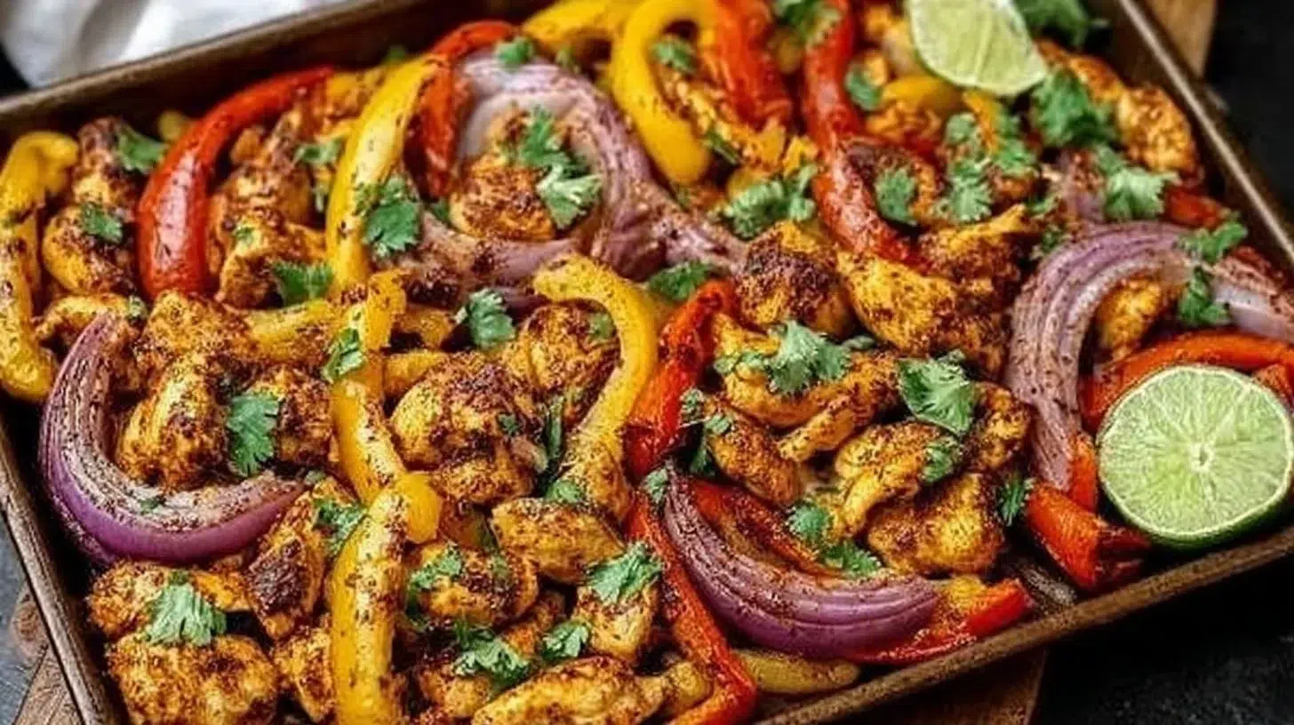 Sheet pan chicken fajitas with colorful bell peppers and onions