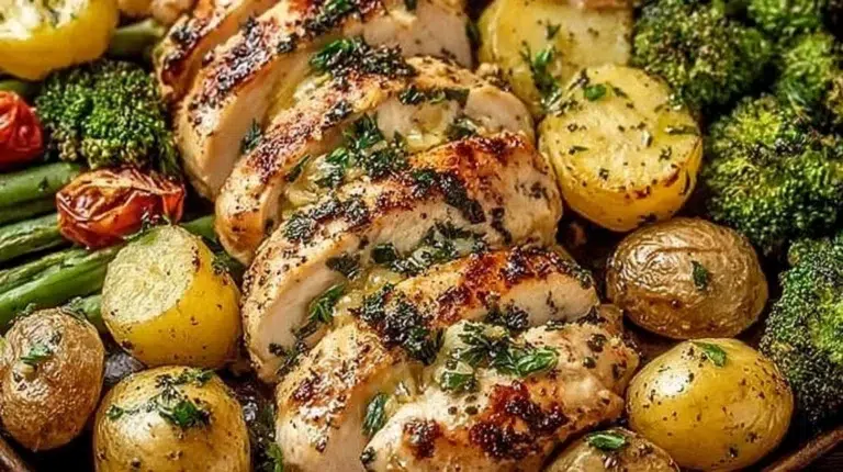 Sheet pan meal featuring garlic butter chicken and mixed vegetables for dinner.