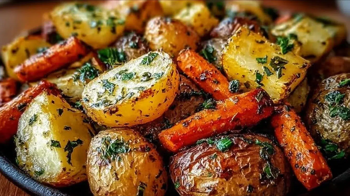 Dish of Sheet-Pan Garlic Herb Roasted Potatoes, Carrots, and Zucchini