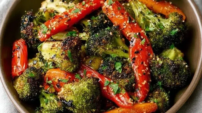 Sheet-pan roasted broccoli and carrots served as a delicious side dish.