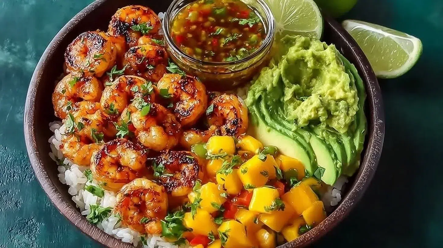 Shrimp avocado bowl topped with mango salsa and lime chili sauce