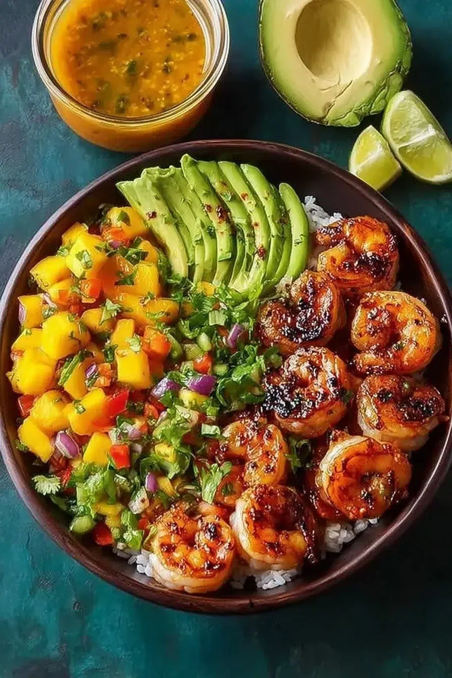 Shrimp and Avocado Bowls with Mango Salsa & Lime Chili Sauce | Recipe in 2026 | Healthy bowls recipes, Healthy food dishes, Good healthy recipes