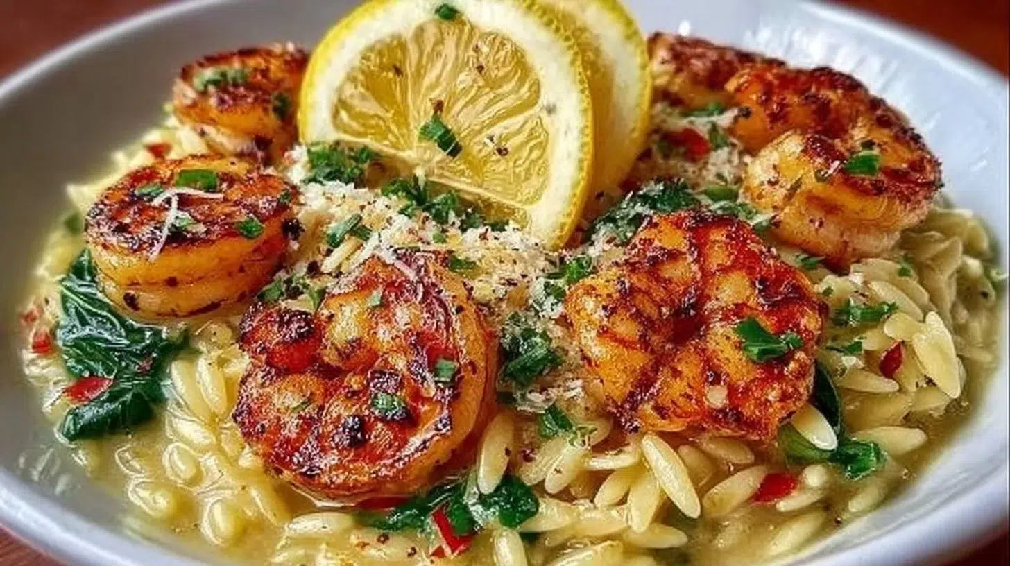 Shrimp orzo in lemon garlic sauce served in a bowl