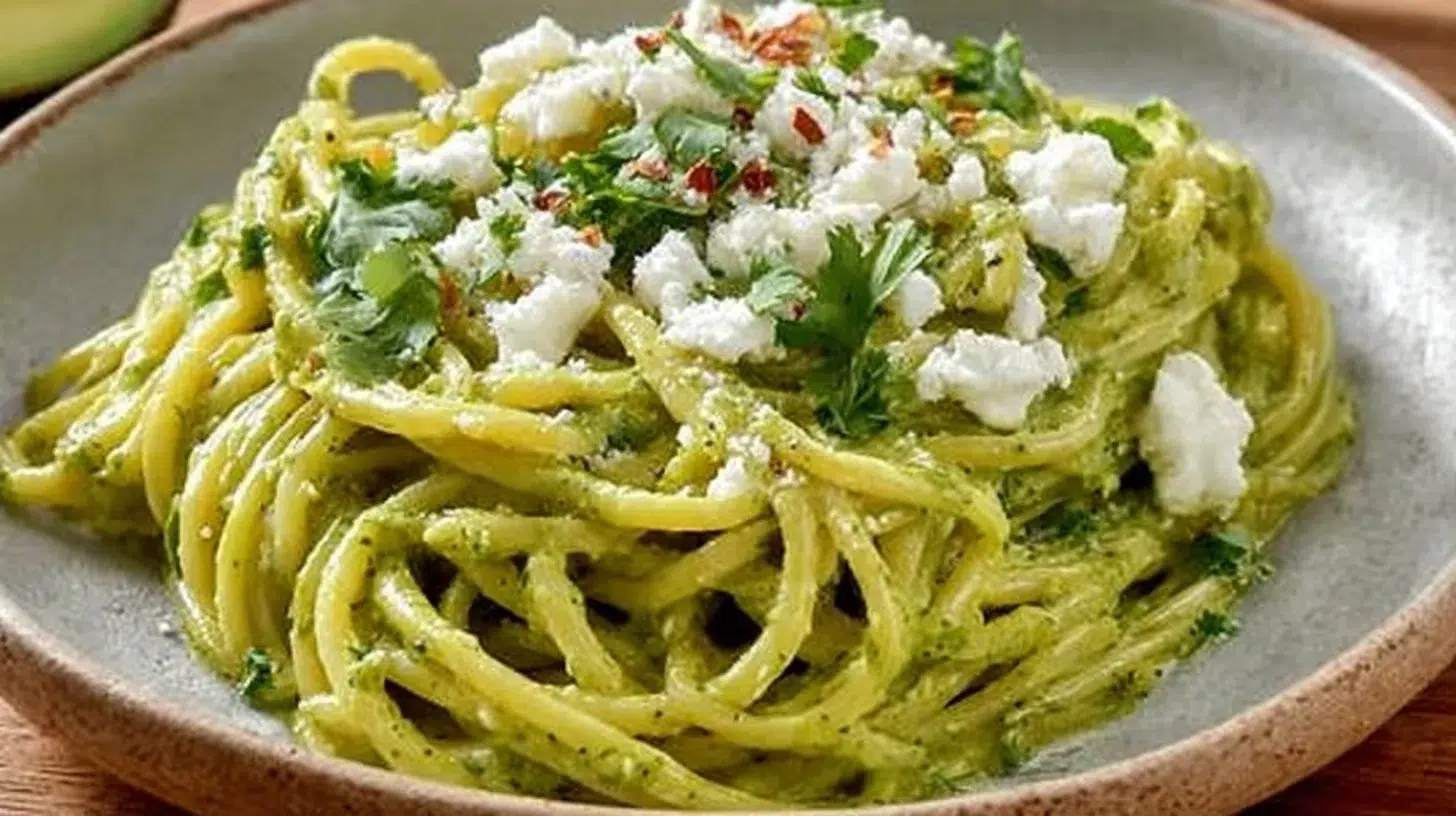 Creamy Mexican Green Spaghetti served with fresh herbs and ingredients