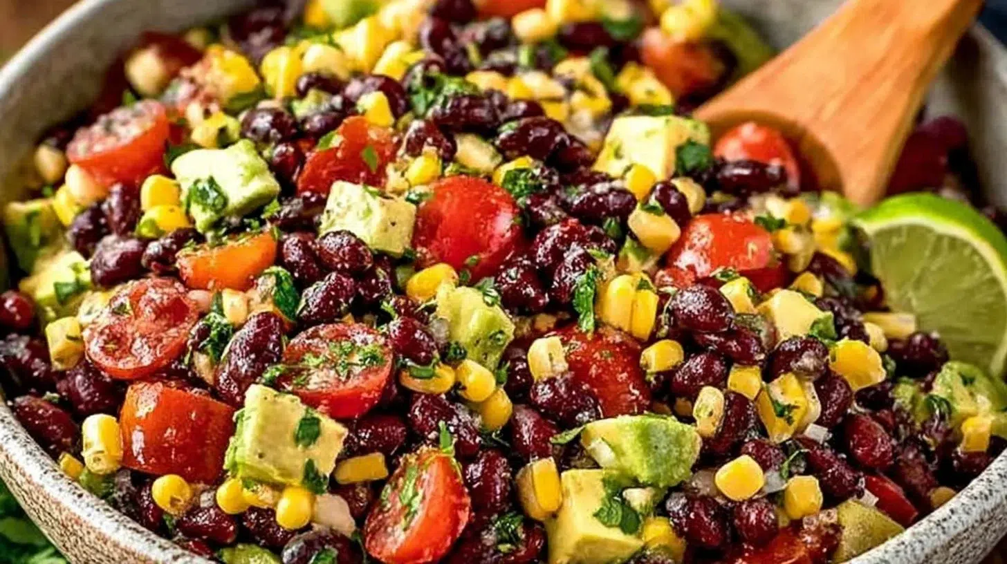 Simple black bean and corn salad in a bowl garnished with fresh herbs.