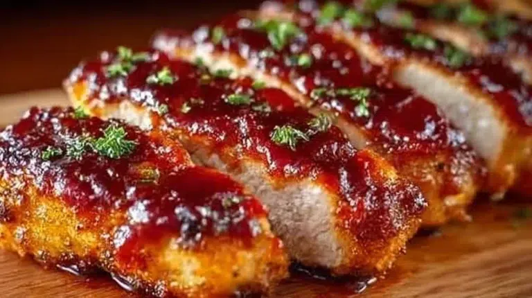 Oven-baked BBQ chicken breast on a plate with fresh herbs