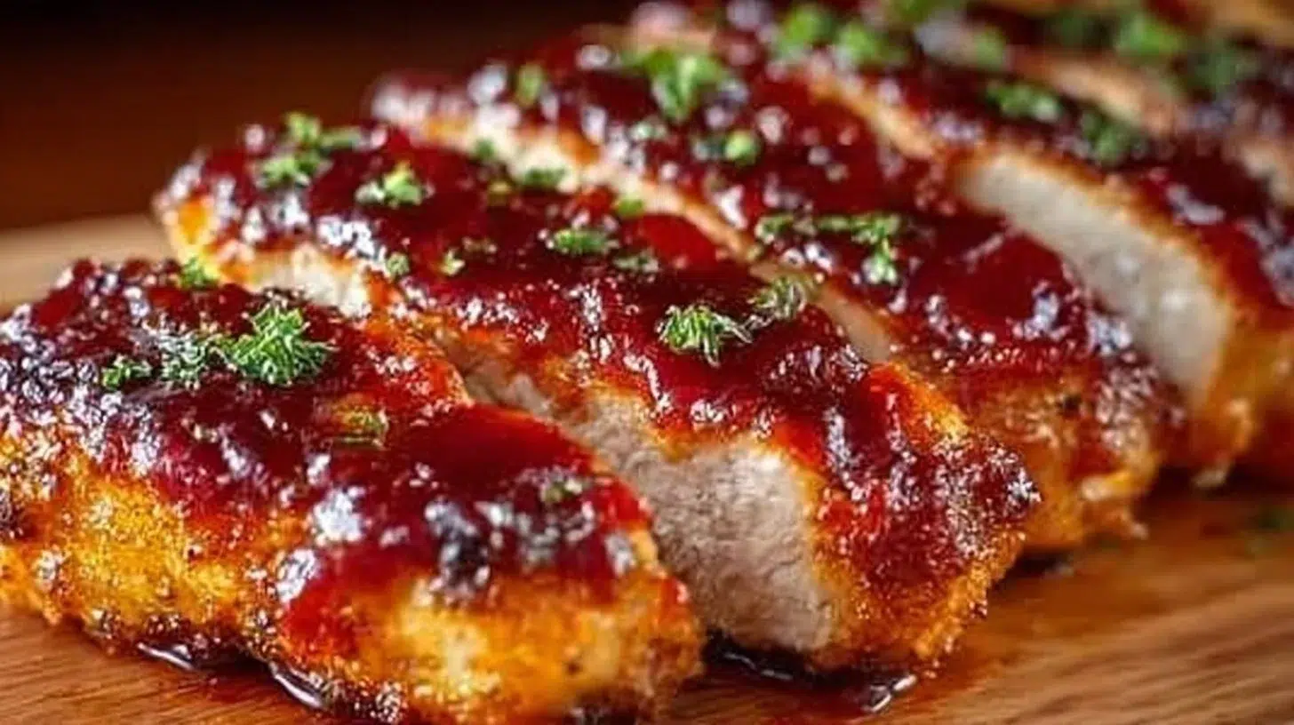 Oven-baked BBQ chicken breast on a plate with fresh herbs