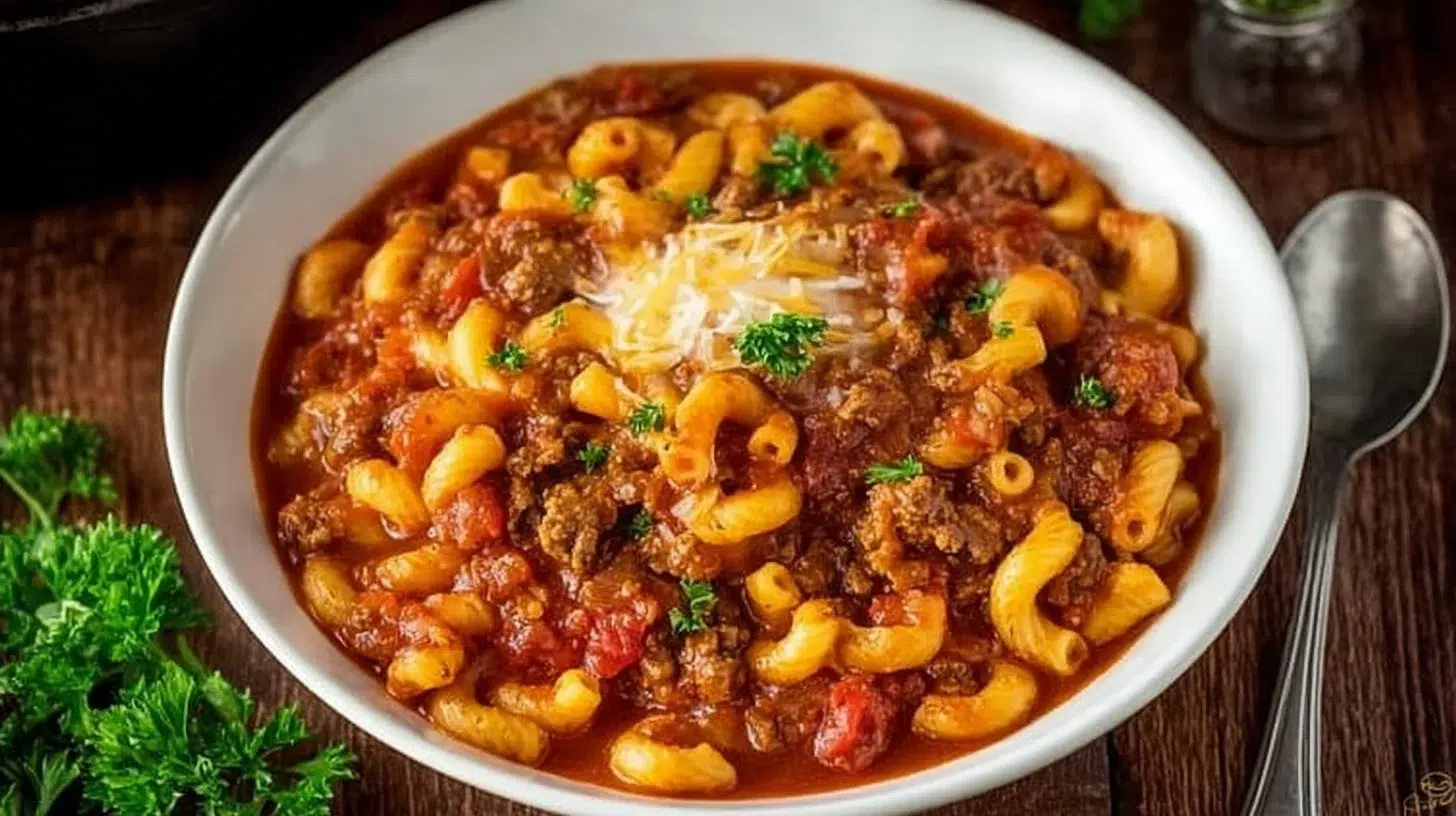 Slow Cooker American Goulash with beef and pasta in a bowl