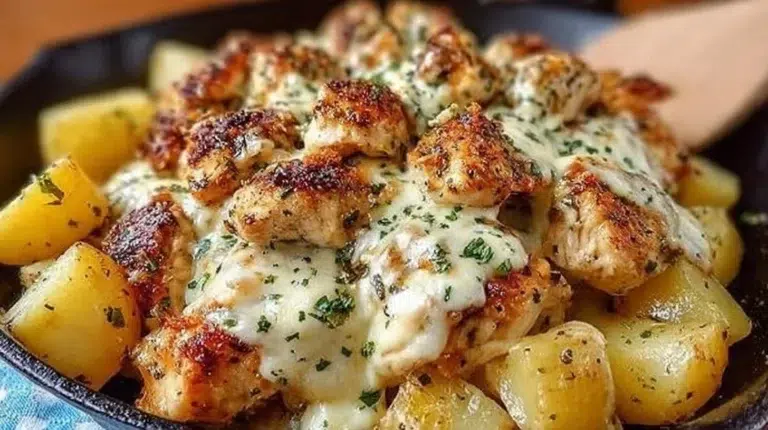 Slow cooker creamy garlic parmesan chicken and potatoes dish served on a plate.