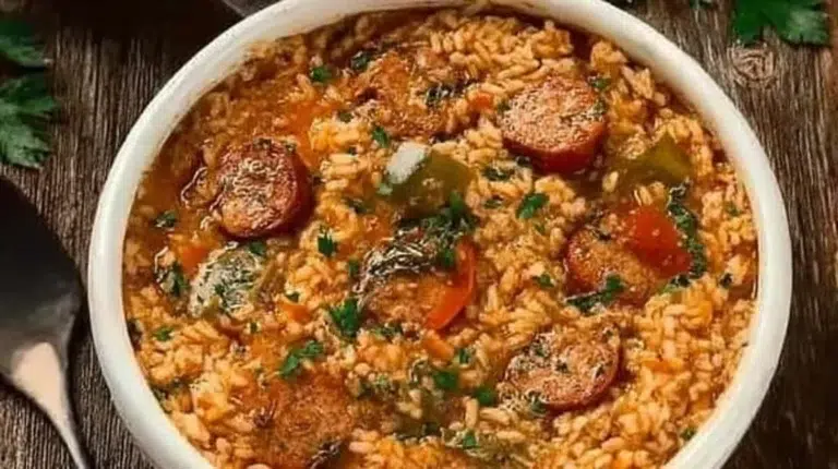 Slow Cooker Jambalaya in a bowl with colorful ingredients and spices