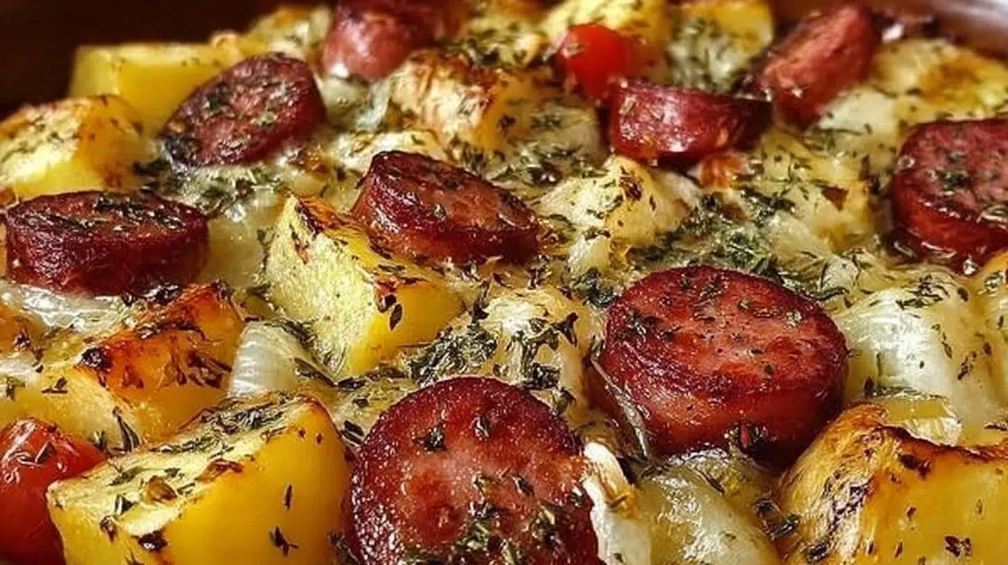 Delicious smoked sausage and potato bake served in a casserole dish