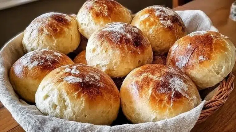 Freshly baked sourdough dinner rolls on a wooden table.
