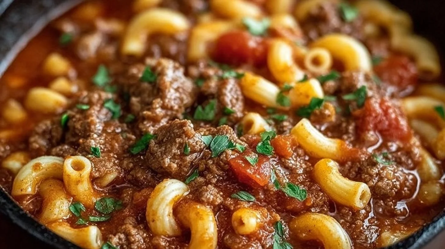 Bowl of Southern-Style Goulash made in a slow cooker, garnished with herbs.