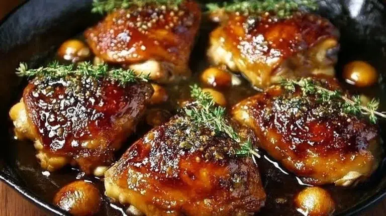 Plate of sticky baked chicken thighs garnished with herbs