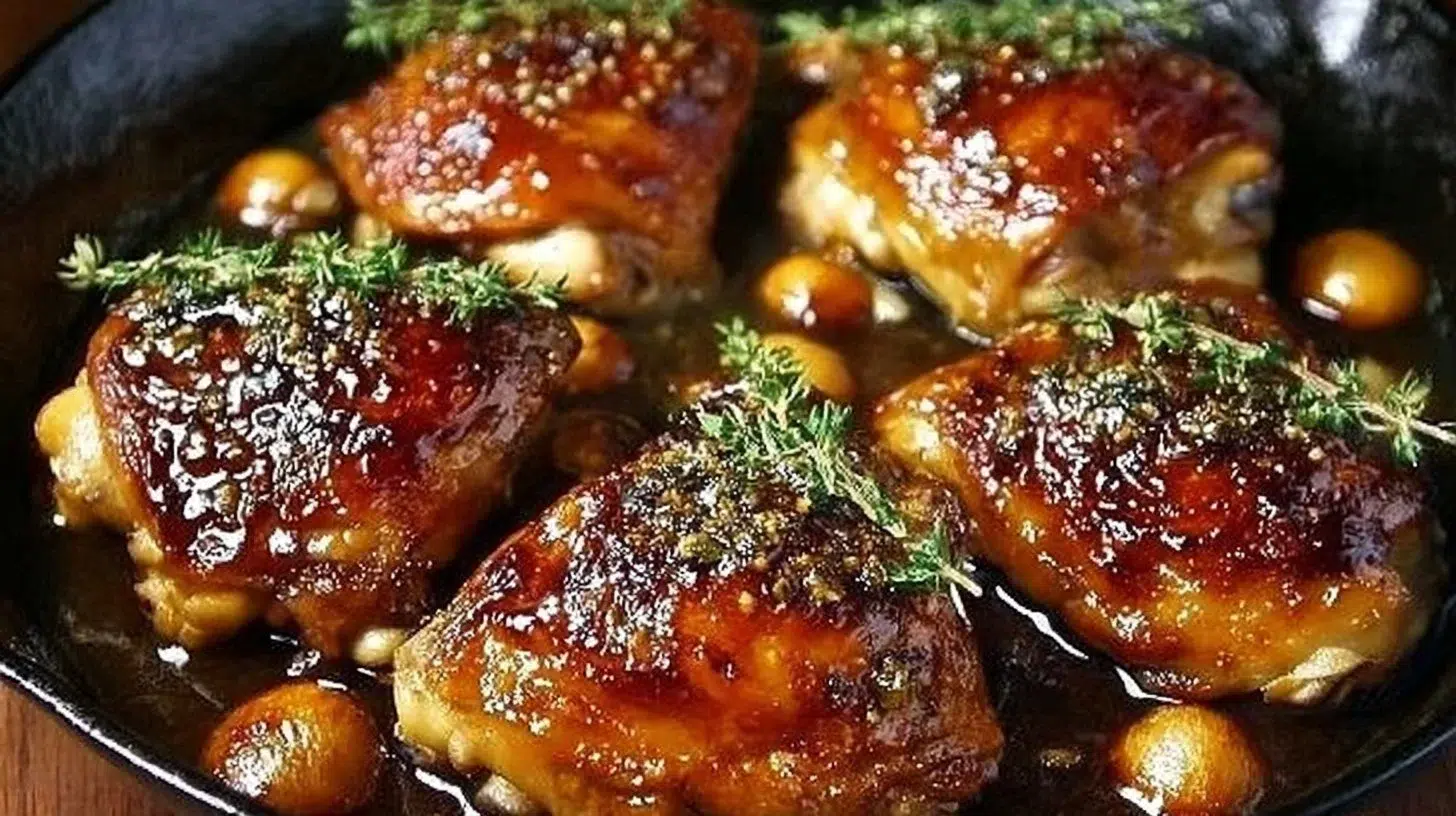 Plate of sticky baked chicken thighs garnished with herbs