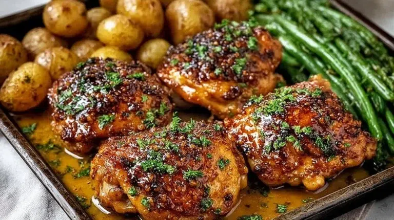 Sticky honey mustard chicken thighs glazed and ready to serve for dinner