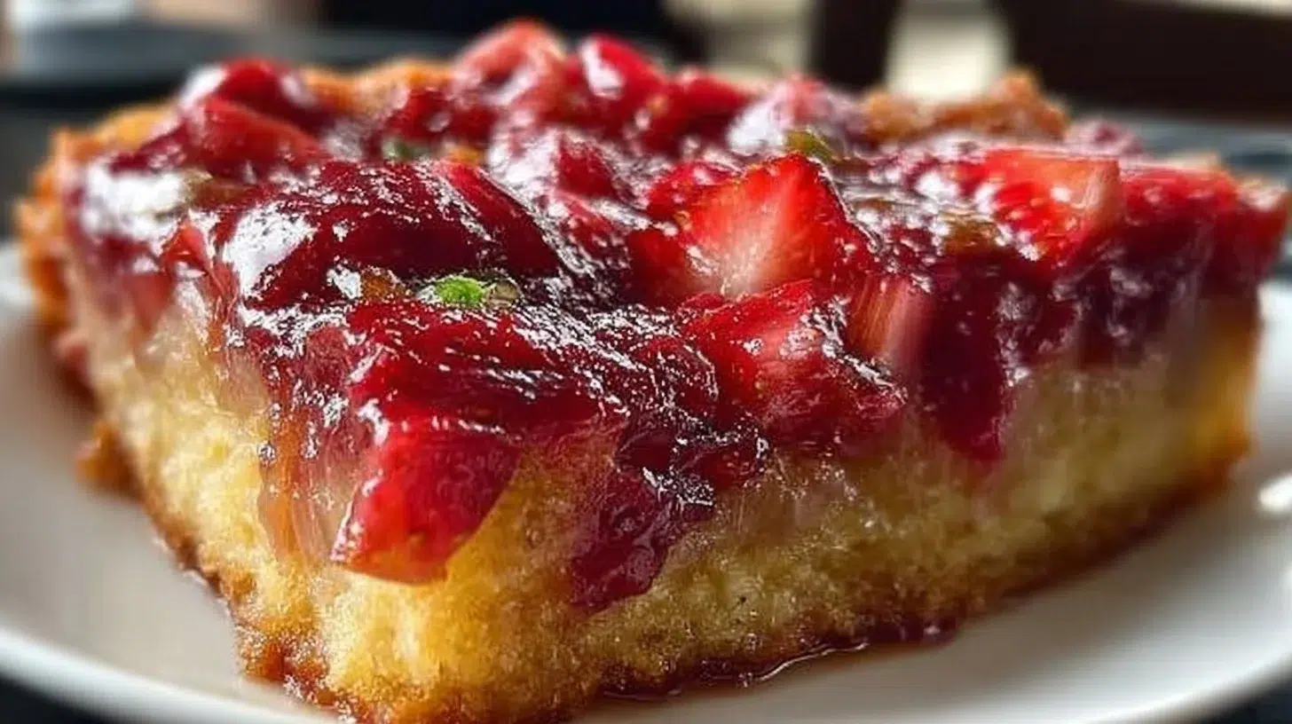 Strawberry rhubarb upside down cake with fresh strawberries on top