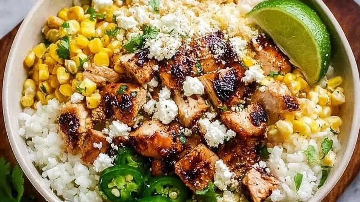 Delicious Street Corn Chicken Rice Bowl topped with fresh ingredients