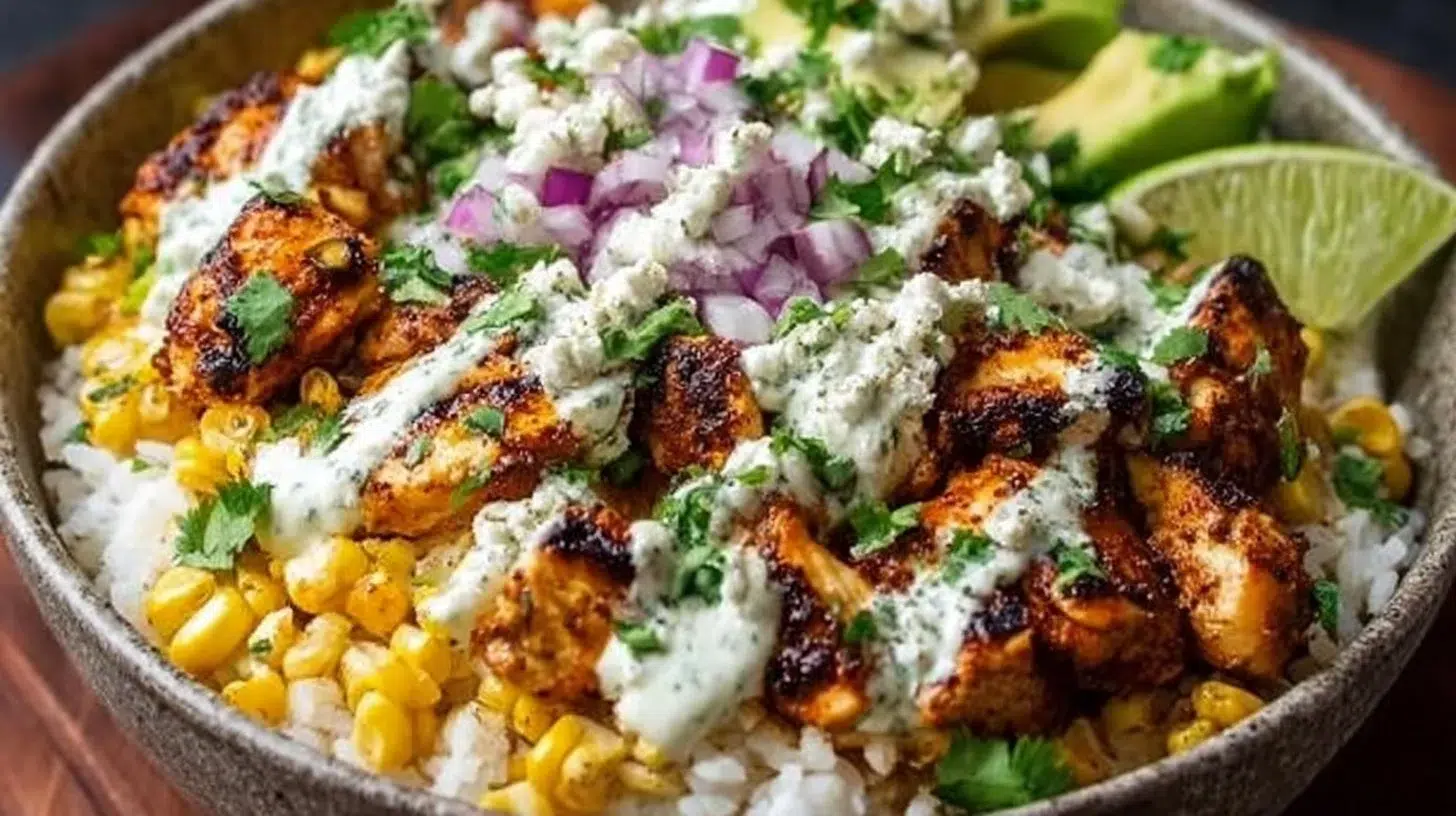 Delicious street corn chicken rice bowls topped with fresh corn and herbs.