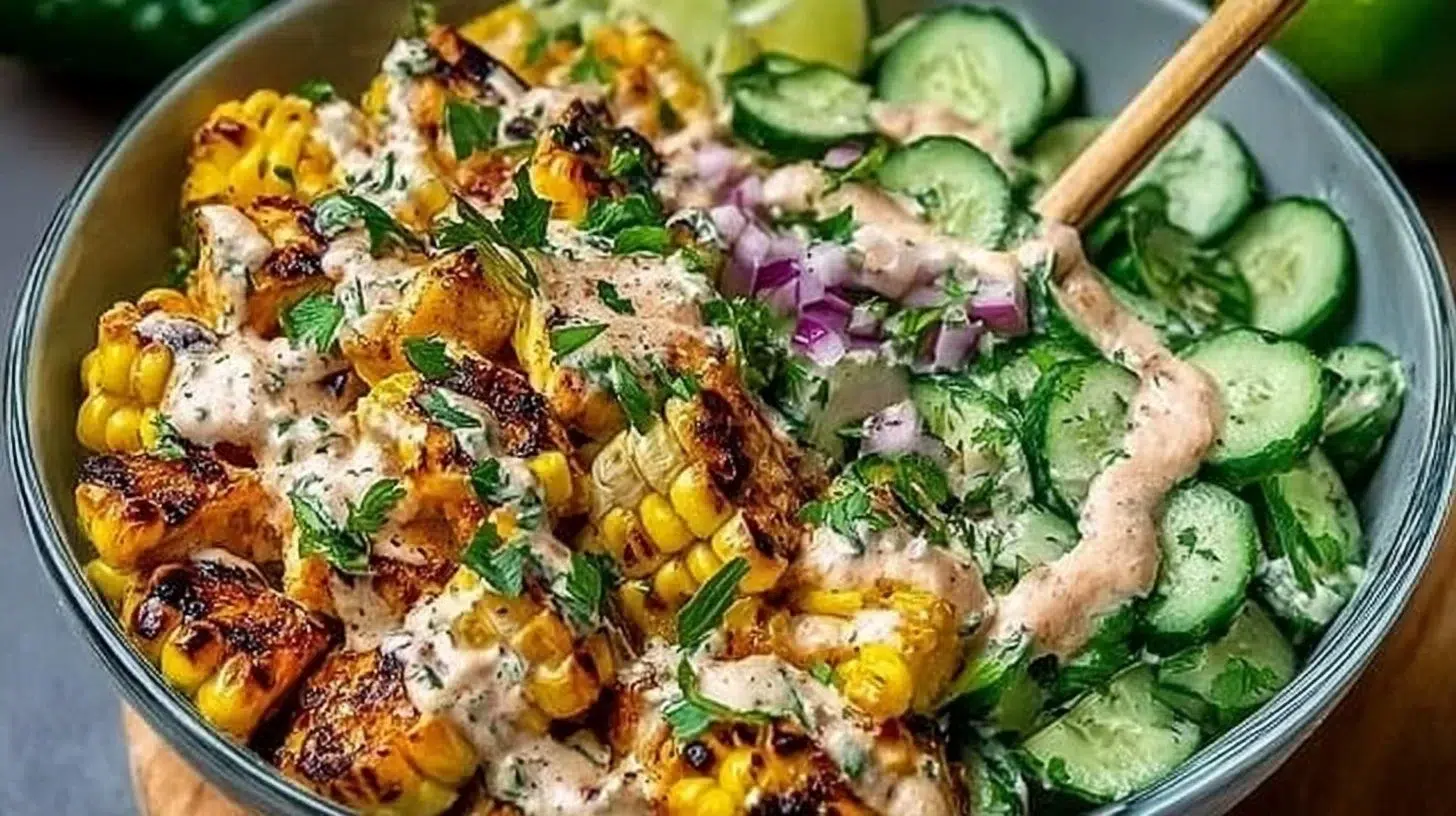 A delicious street corn creamy cucumber chicken salad served in a bowl.