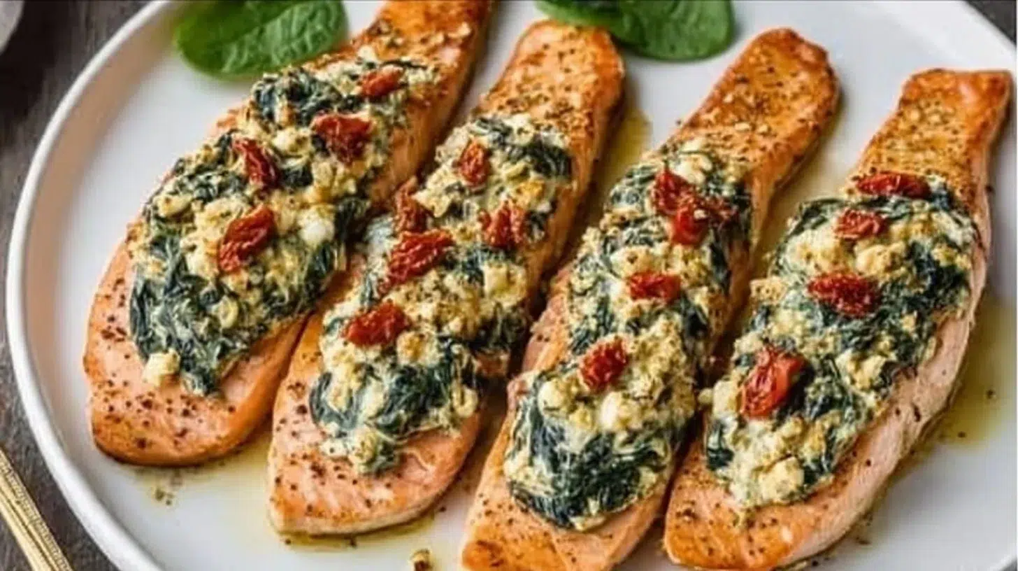 Stuffed salmon with spinach and feta on a plate, garnished and ready to serve.