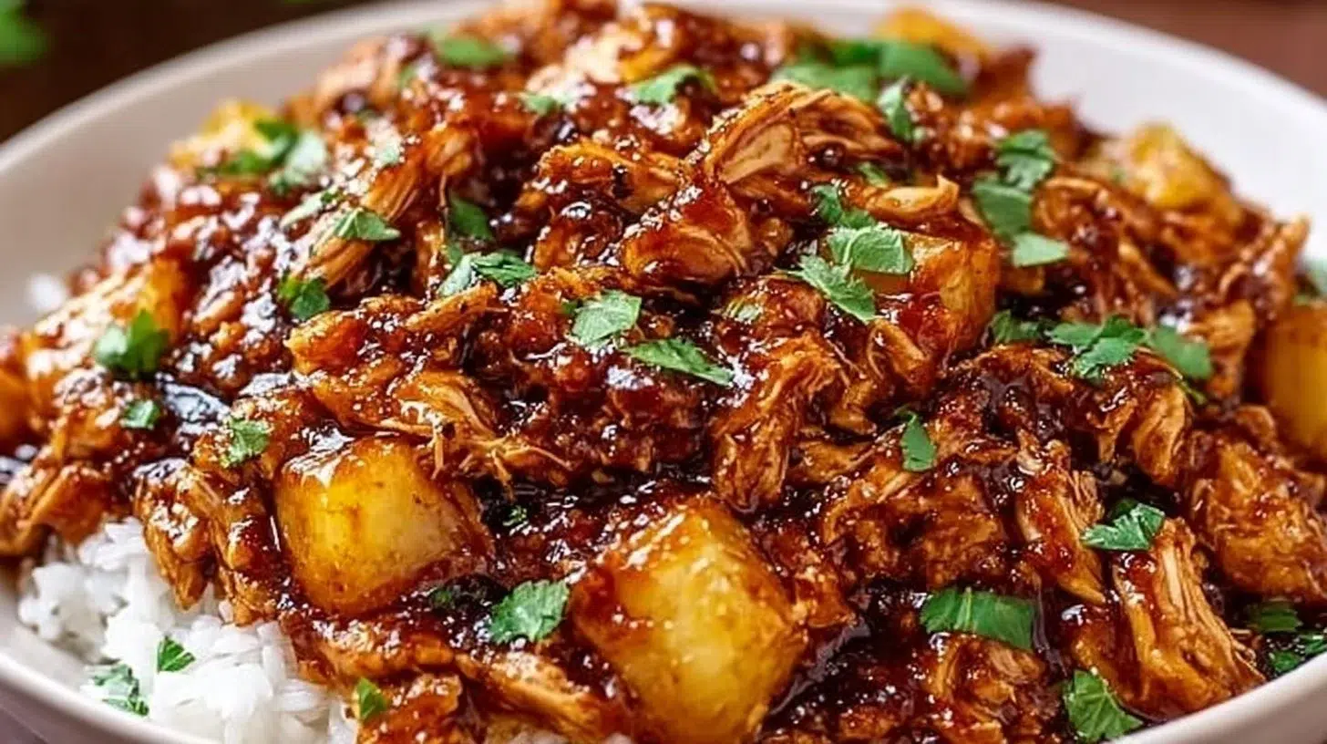 Delicious Sweet Hawaiian Crockpot Chicken cooked in a slow cooker with pineapple and sauce.