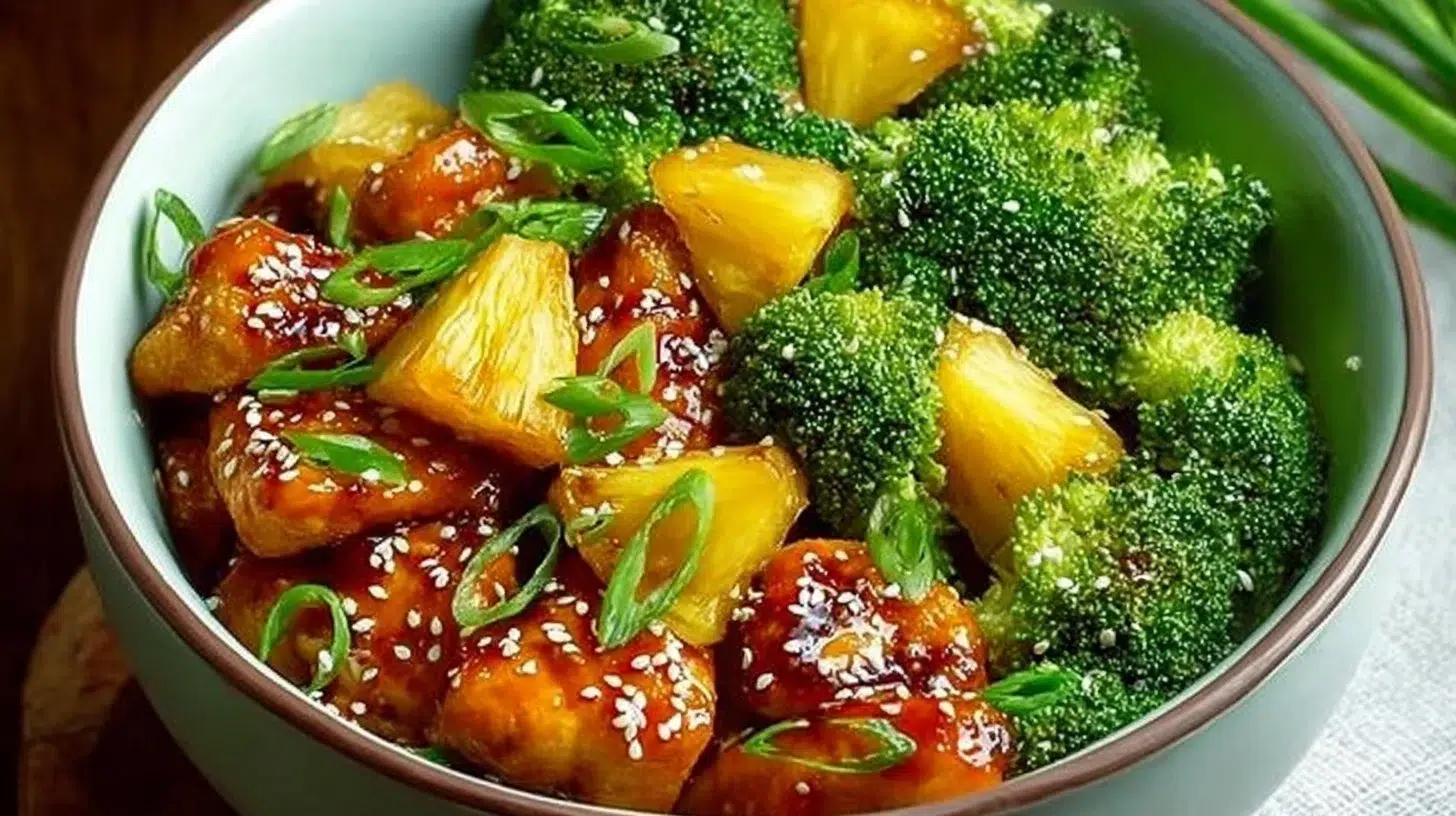 Sweet Sheet Pan Pineapple Chicken with Broccoli served on a plate
