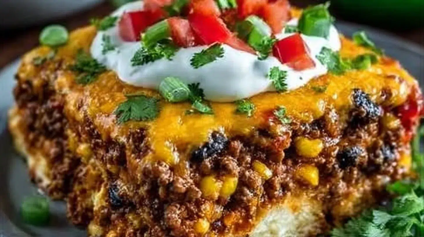 A hearty taco casserole topped with cheese and garnished with fresh cilantro.