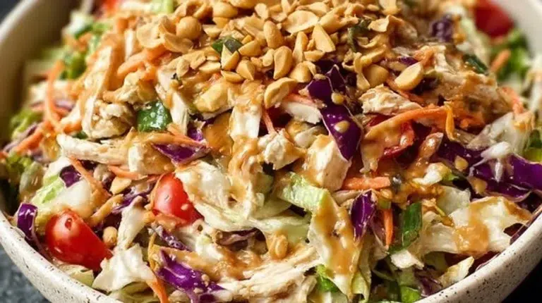 Delicious Thai Chicken Salad with Peanut Dressing served in a bowl