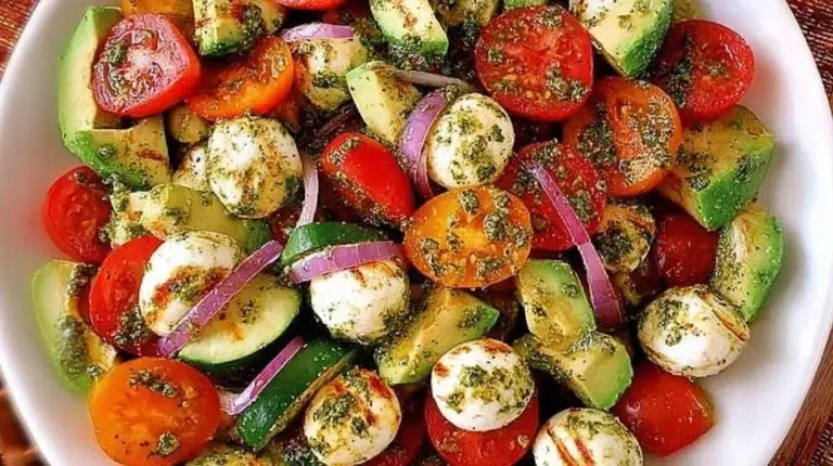 Tomato cucumber salad with avocado, mozzarella, and basil pesto on a plate