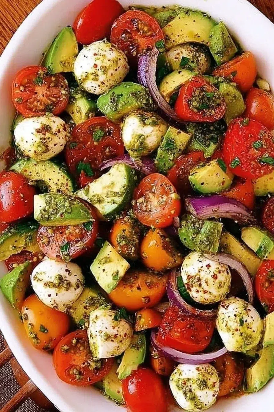 Tomato Cucumber Salad with Avocado, Mozzarella, and Basil Pesto