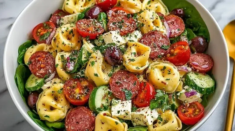 Colorful Tortellini Pasta Salad with vegetables and dressing