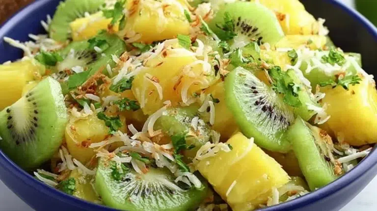 Tropical pineapple kiwi salad recipe with fresh fruits served in a bowl