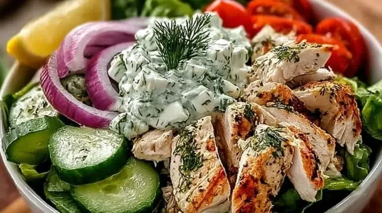 Tzatziki Chicken Salad served in a bowl with fresh vegetables and herbs