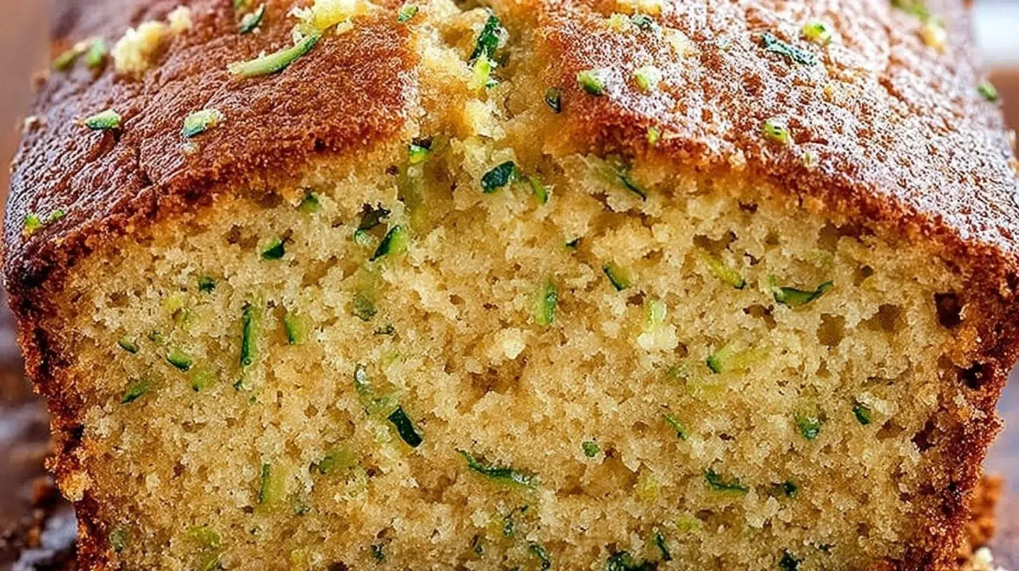 Slice of moist zucchini bread with walnuts on a wooden board