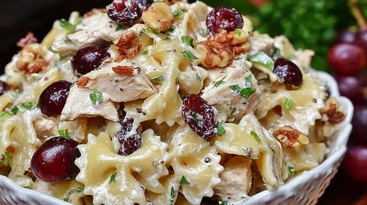 Waldorf Chicken Pasta Salad with grapes, celery, and walnuts in a bowl