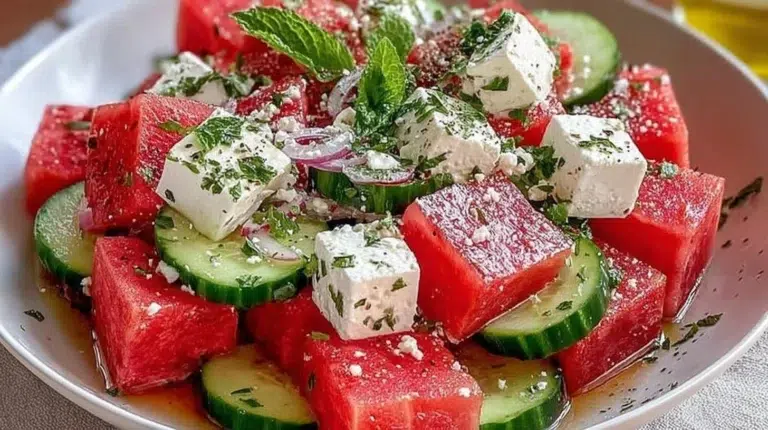 Watermelon Cucumber Feta Salad with fresh ingredients in a bowl