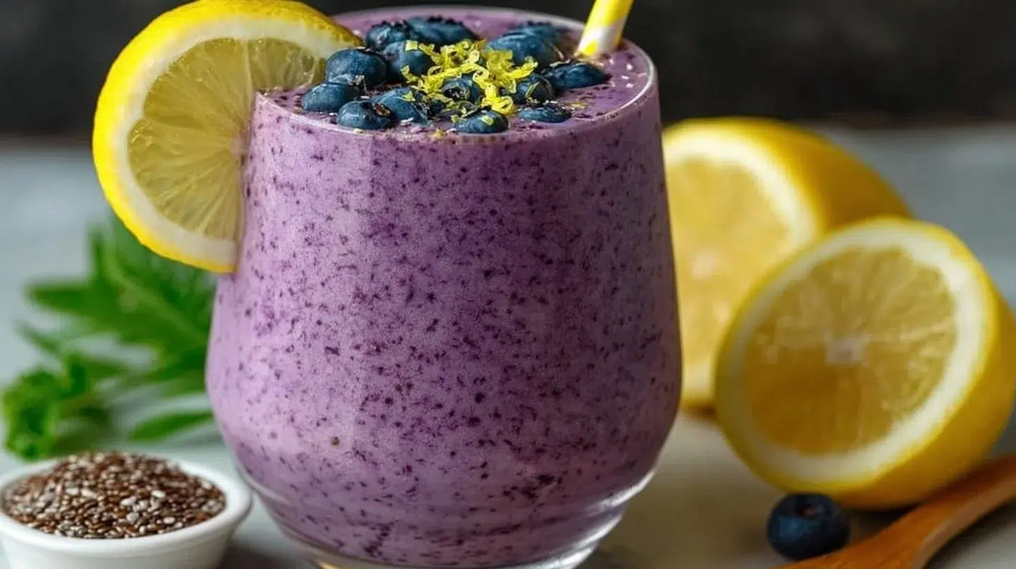 Anti-inflammatory lemon blueberry smoothie in a glass with fresh ingredients