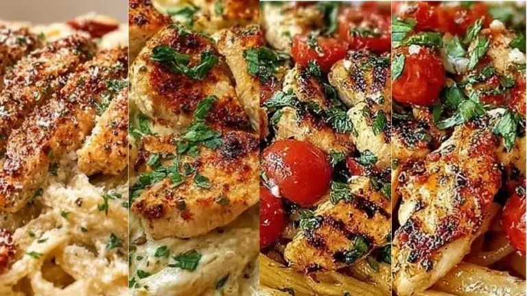 Delicious creamy chicken pasta dish ready to serve for a quick dinner.