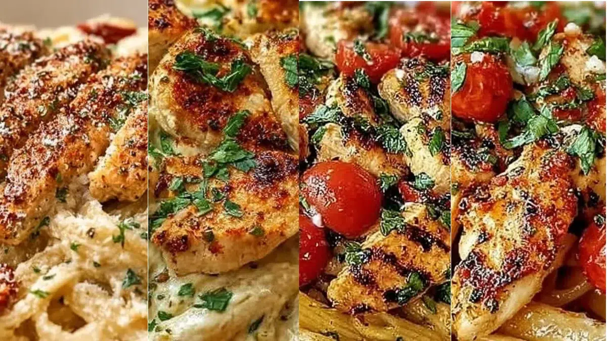Delicious creamy chicken pasta dish ready to serve for a quick dinner.
