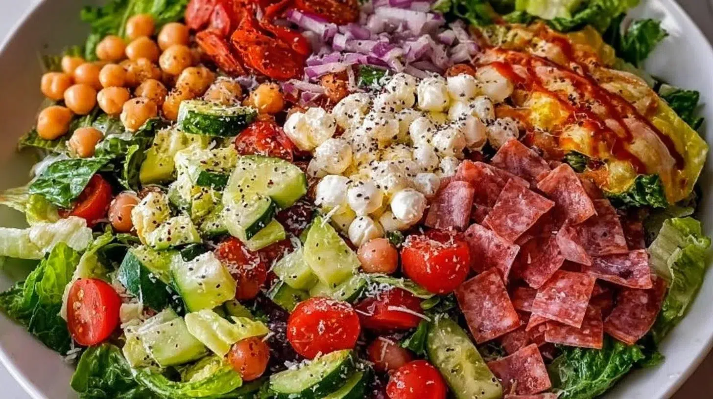 Colorful Italian chopped salad with fresh vegetables and tangy vinaigrette dressing.