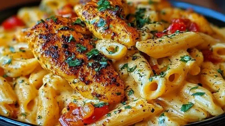 Creamy Cajun Chicken Pasta served in a bowl with fresh herbs and spices.
