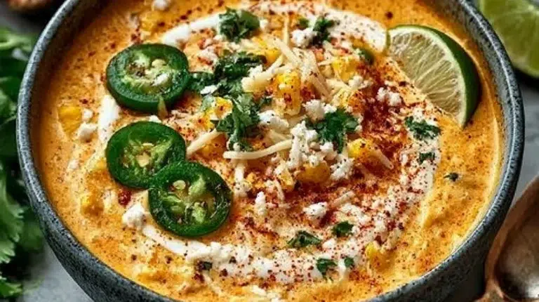 Creamy elote corn soup inspired by classic Mexican street corn recipe