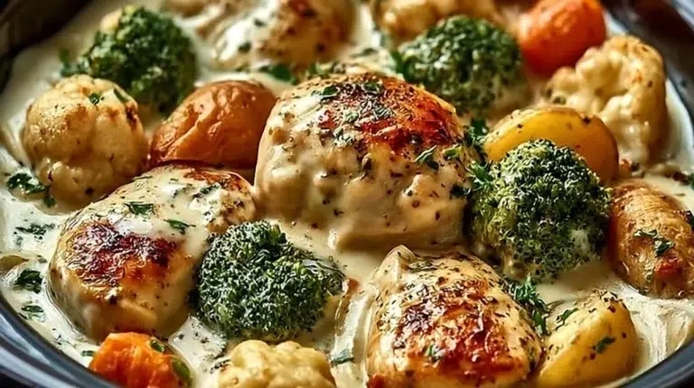 Creamy garlic chicken with colorful vegetables cooked in a slow cooker.