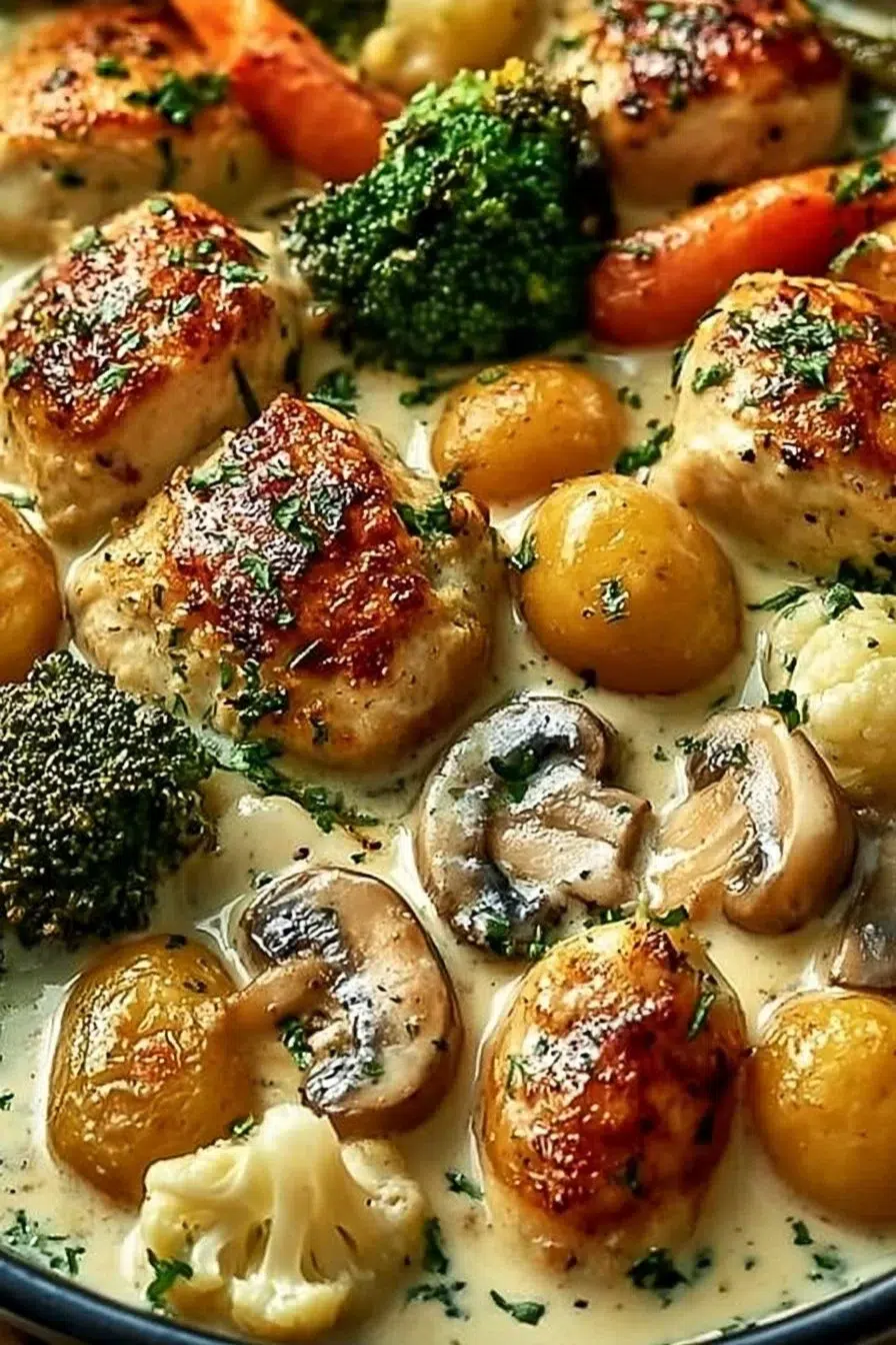 Slow Cooker Creamy Garlic Chicken and Veggies